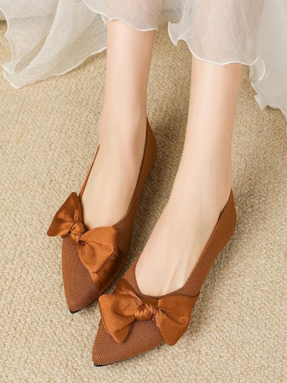 Women's Pointed Toe Bow Ballet Flats - Burnt Orange - Picture 4 of 6